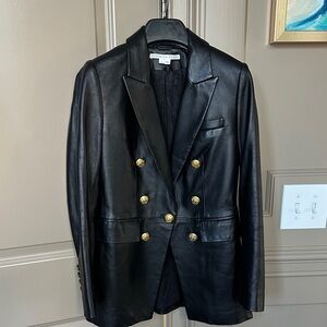 Veronica Beard Black Gaya Leather Dickey Jacket with Gold Buttons
